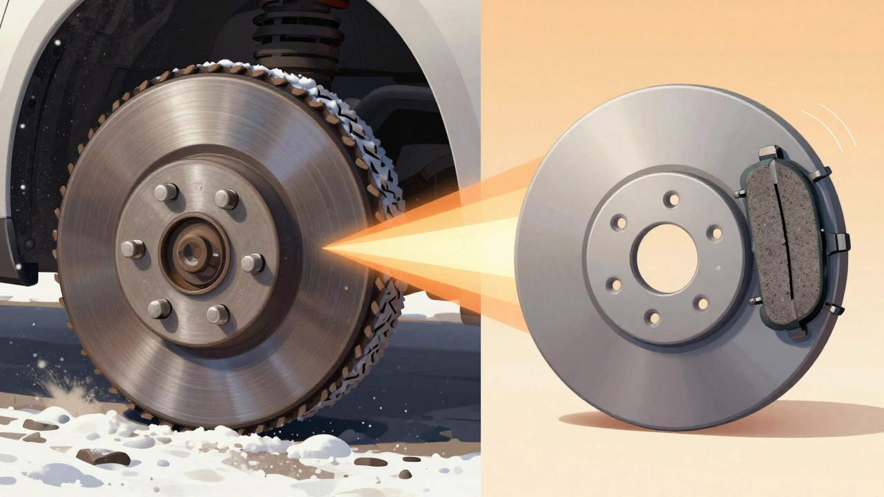 Сравнение: пыльные металлические колодки на морозе и чистые керамические в солнечную погоду.