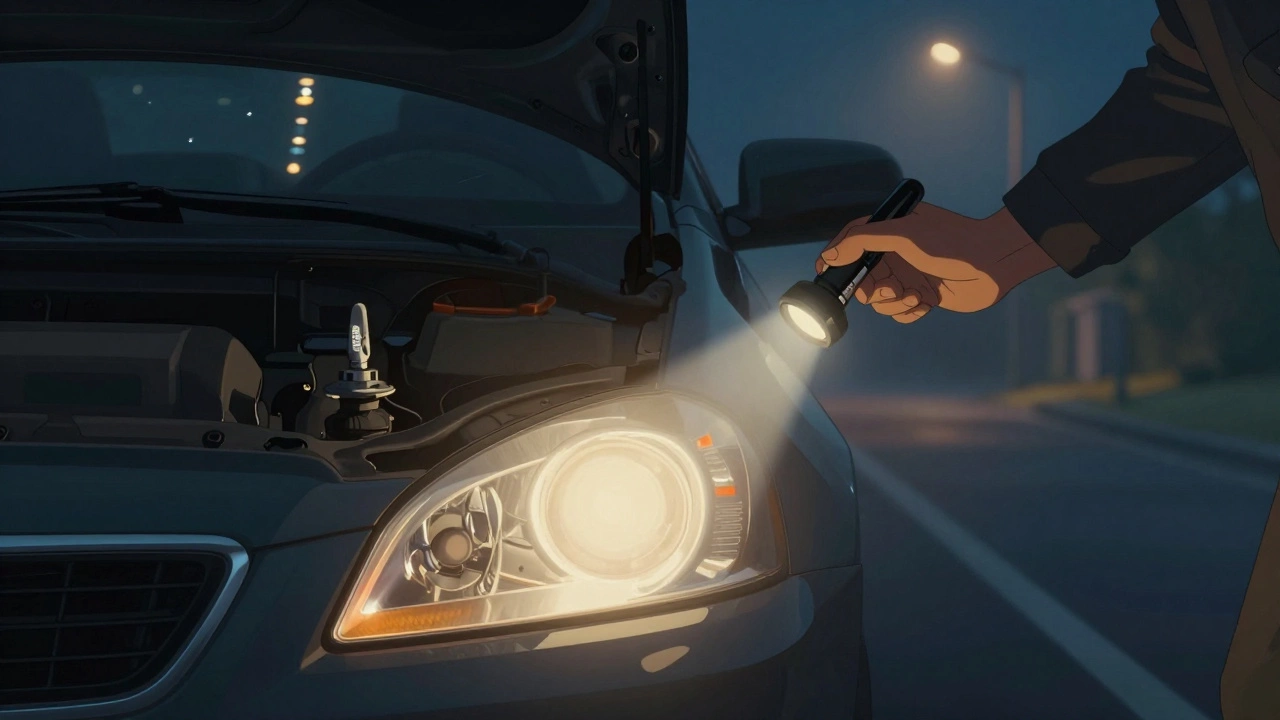 Водитель осматривает лампу фары фонариком ночью, другая фара светит тёплым светом.