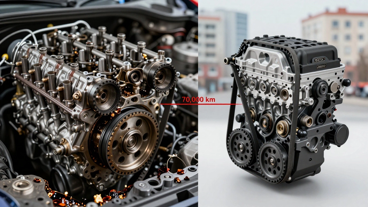 Двухстороннее изображение: разрушенный двигатель слева и исправный с новым ремнем ГРМ справа.