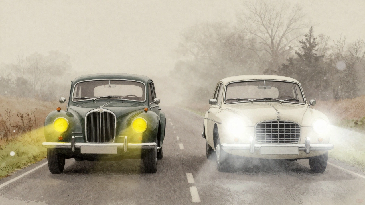 Иллюстрация двух автомобилей: один с желтыми фарами в тумане, другой — с белыми, создающими блики.