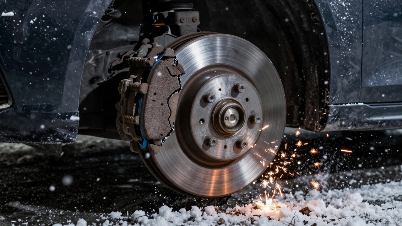 Изношенные тормозные колодки царапают диск, искры и снег — символ опасности игнорирования ремонта.