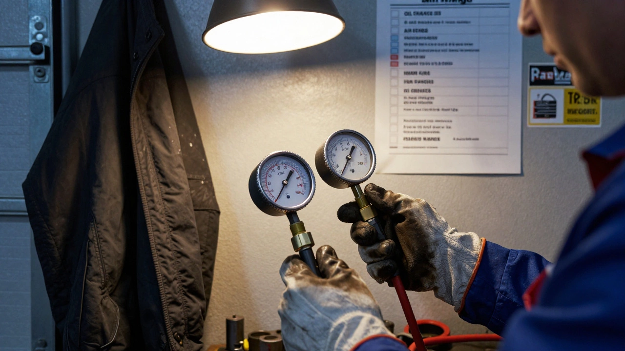 Механик измеряет компрессию двигателя, на фоне — список техобслуживания и инструменты в гараже.