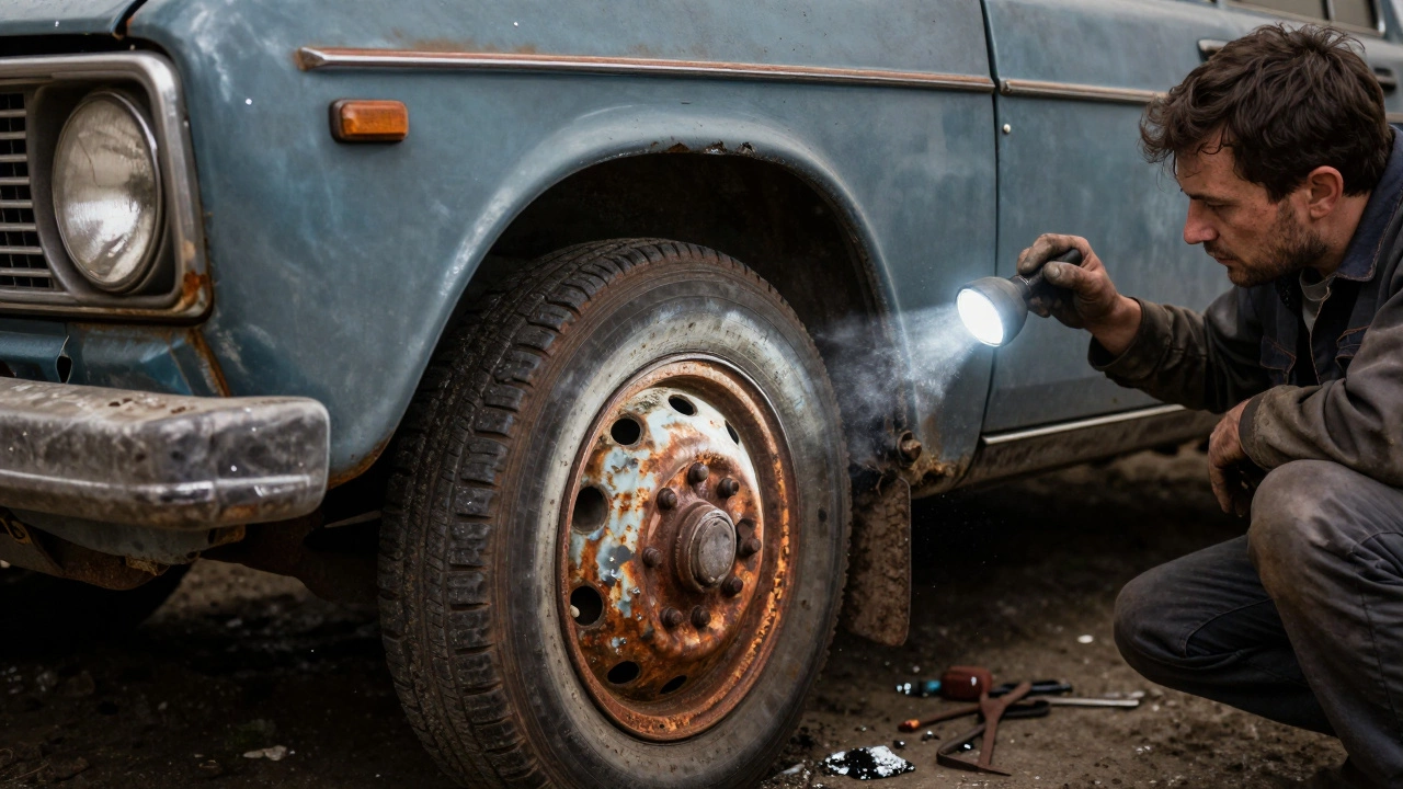 Механик осматривает прогнивший арочный проём Волги в гараже