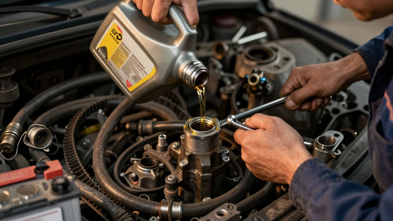 Механик заливает масло в цилиндр и вручную поворачивает коленвал, вокруг разобранные детали.