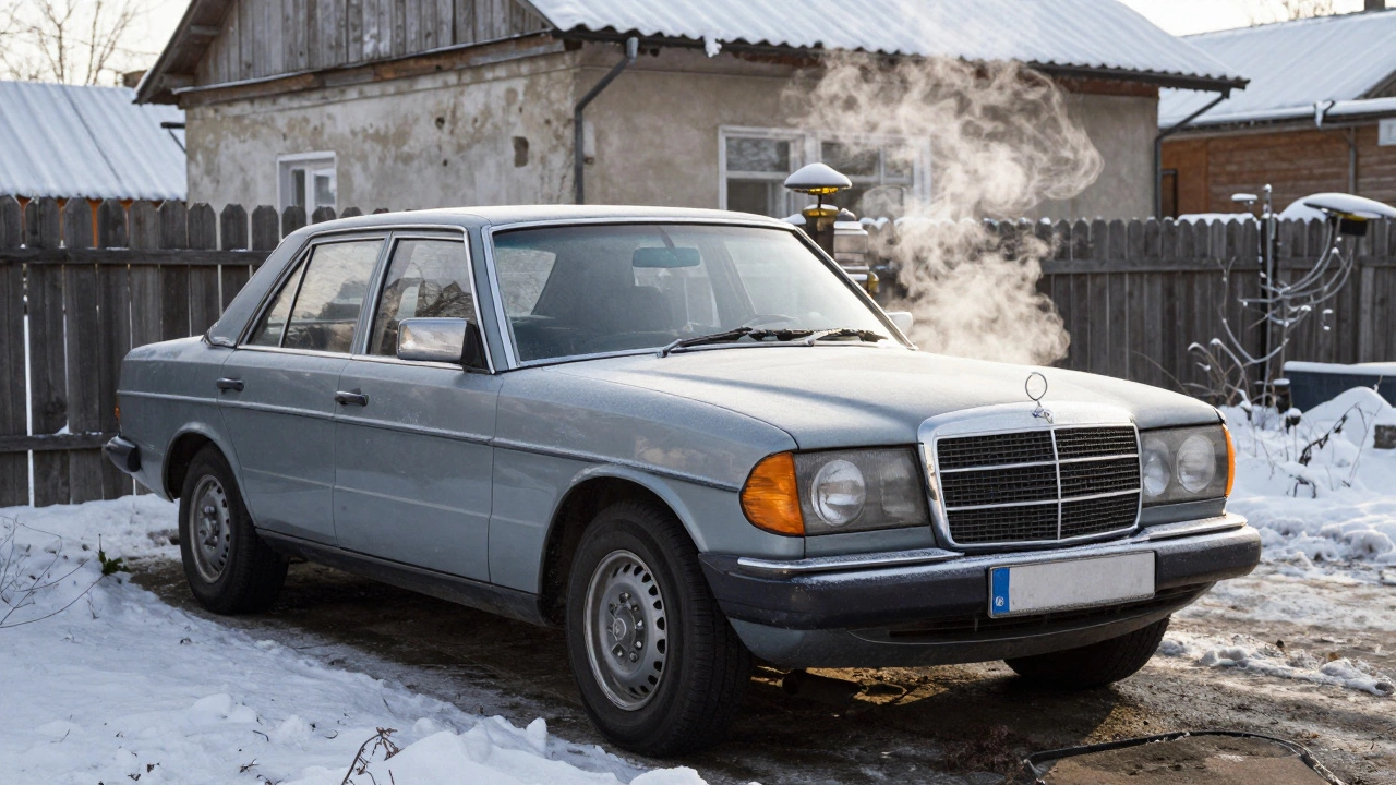 Mercedes-Benz W124 стоит у дома в зимнем российском дворе, пар от выхлопа.