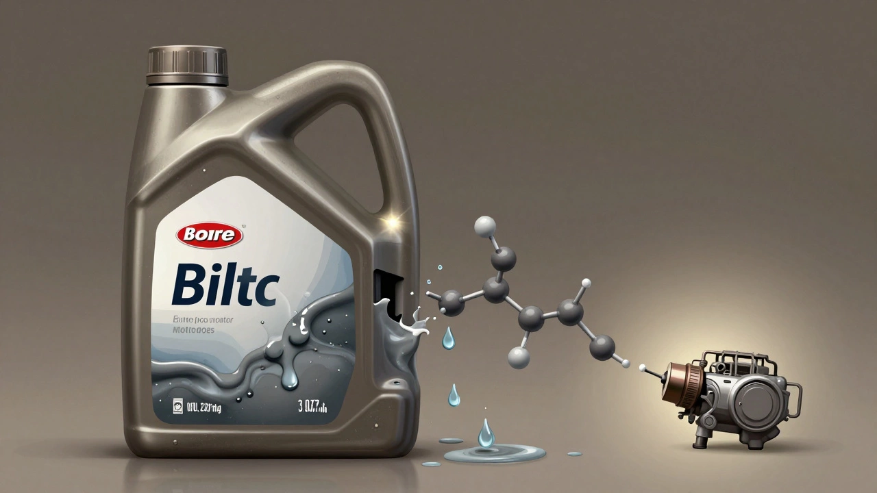 Молекулярная картина стареющего моторного масла с каплями воды и шламом.