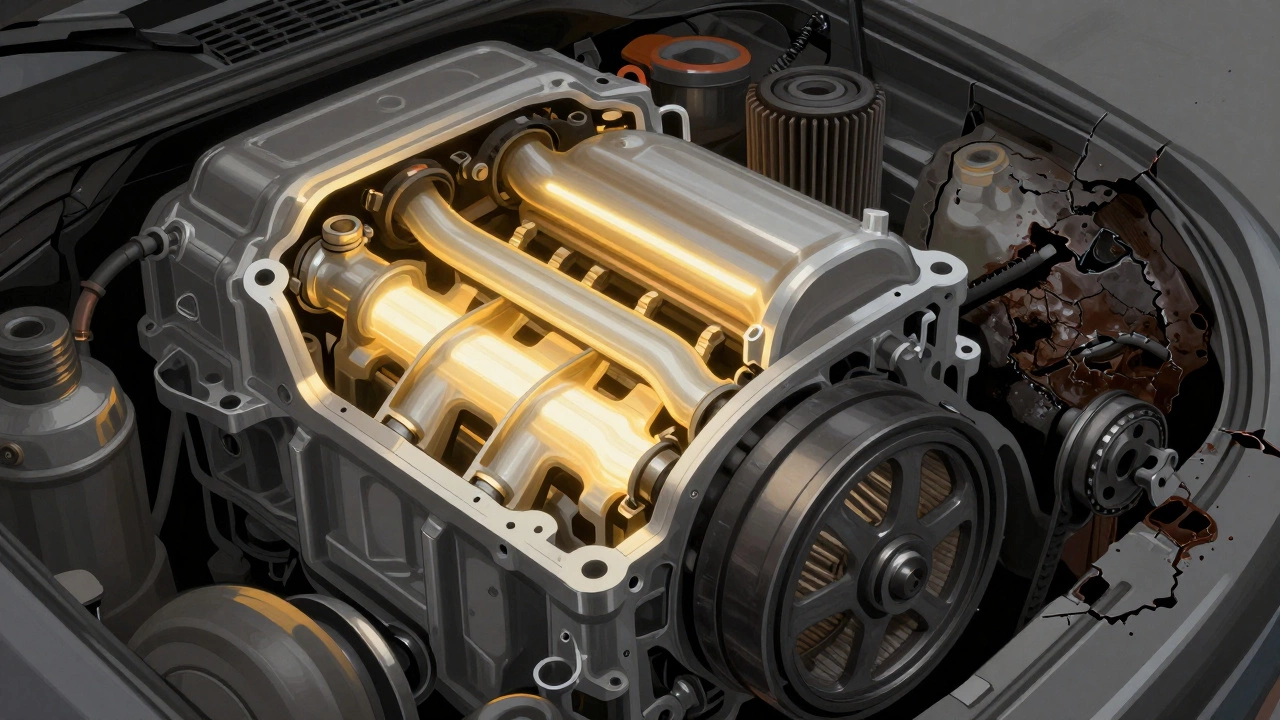 Разрез двигателя: чистые каналы с маслом и новый ремень ГРМ на фоне разрушающихся деталей.