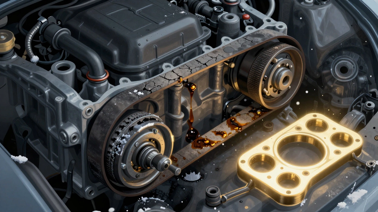 Разрез двигателя с изношенным ремнем ГРМ и заменяемым комплектом на фоне зимнего холода.
