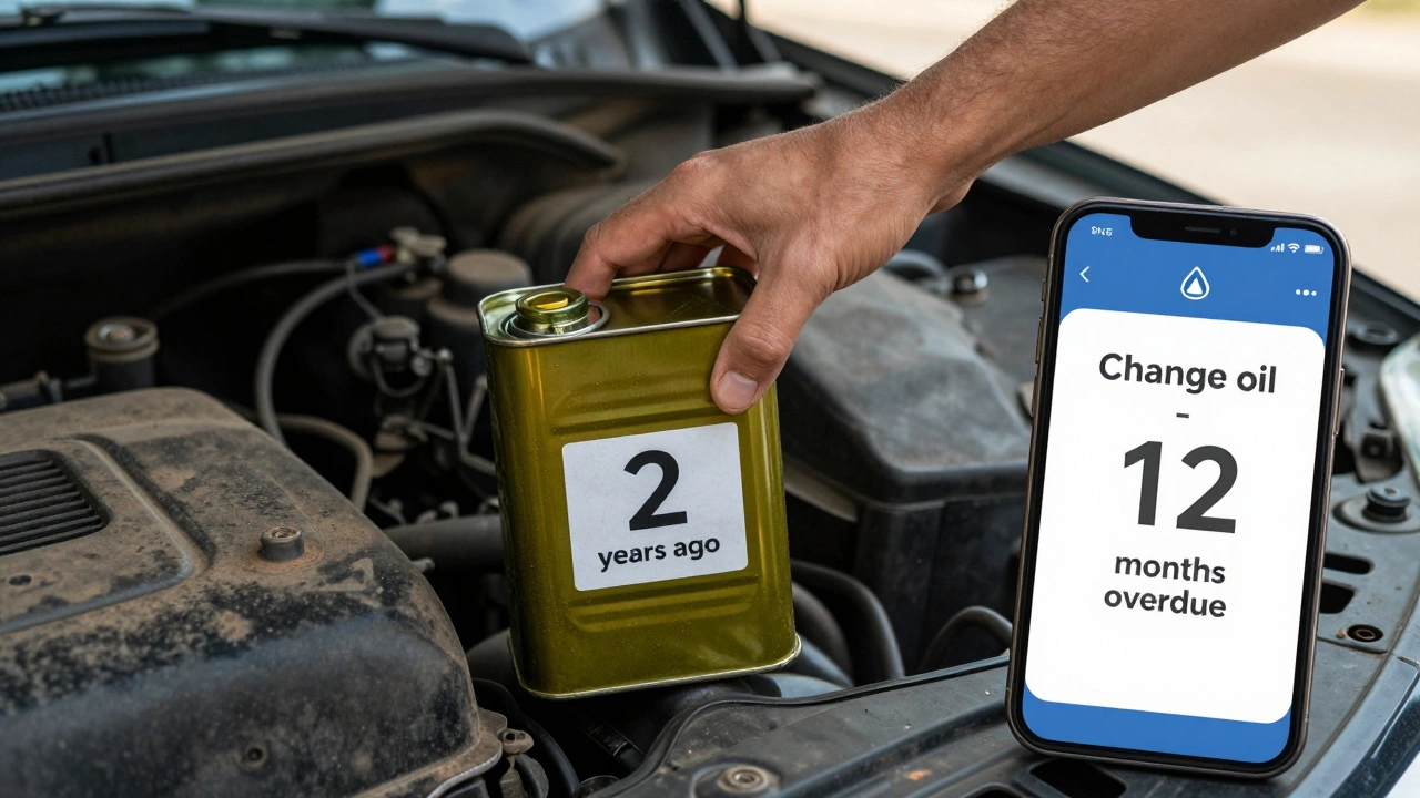 Рука кладет новое масло рядом с устаревшим, на приборной панели — напоминание об overdue замене.