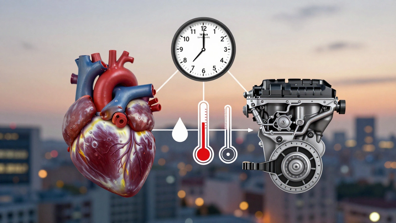 Сердце и двигатель рядом, соединённые символами обслуживания, под часами, показывающими 25 лет.