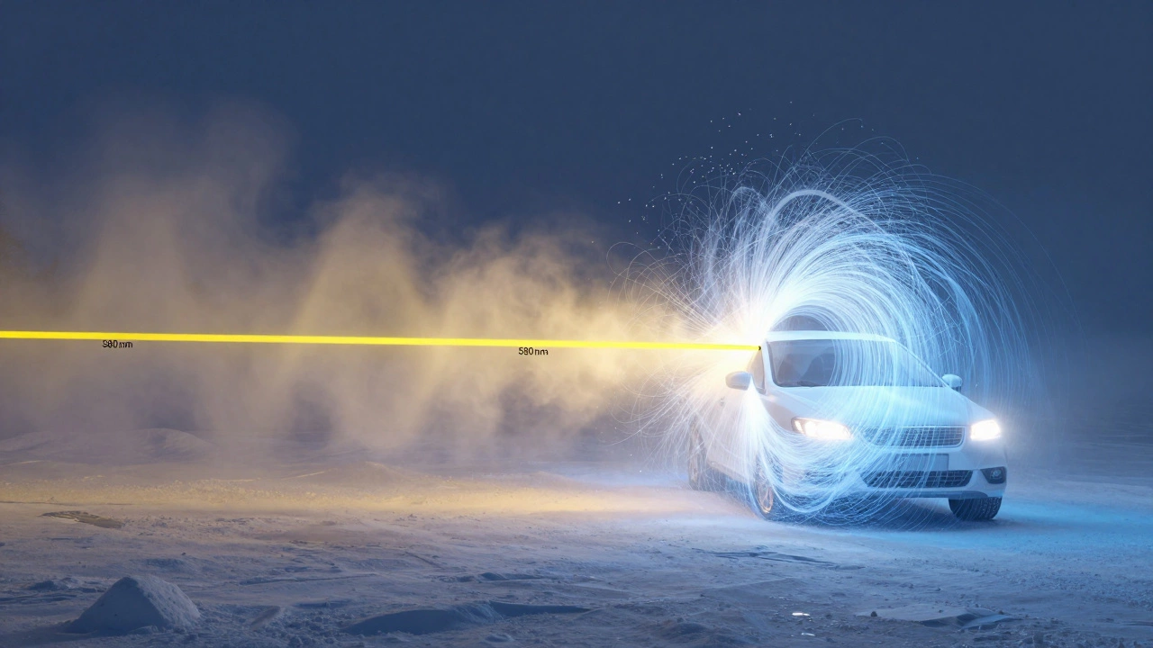 Схема: желтый свет проходит сквозь снег, а белый рассеивается, создавая ослепительное облако.