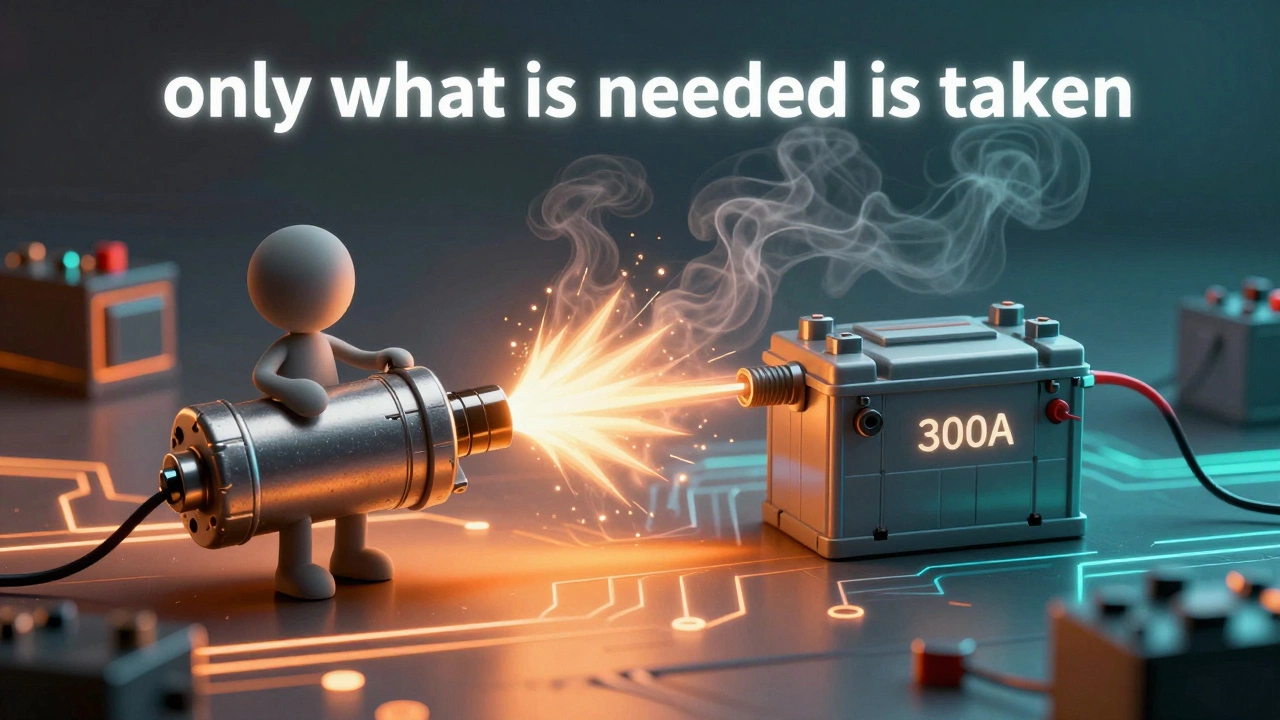 Схематичное изображение стартера, берущего только нужный ток из мощного аккумулятора, остальной ток рассеивается.