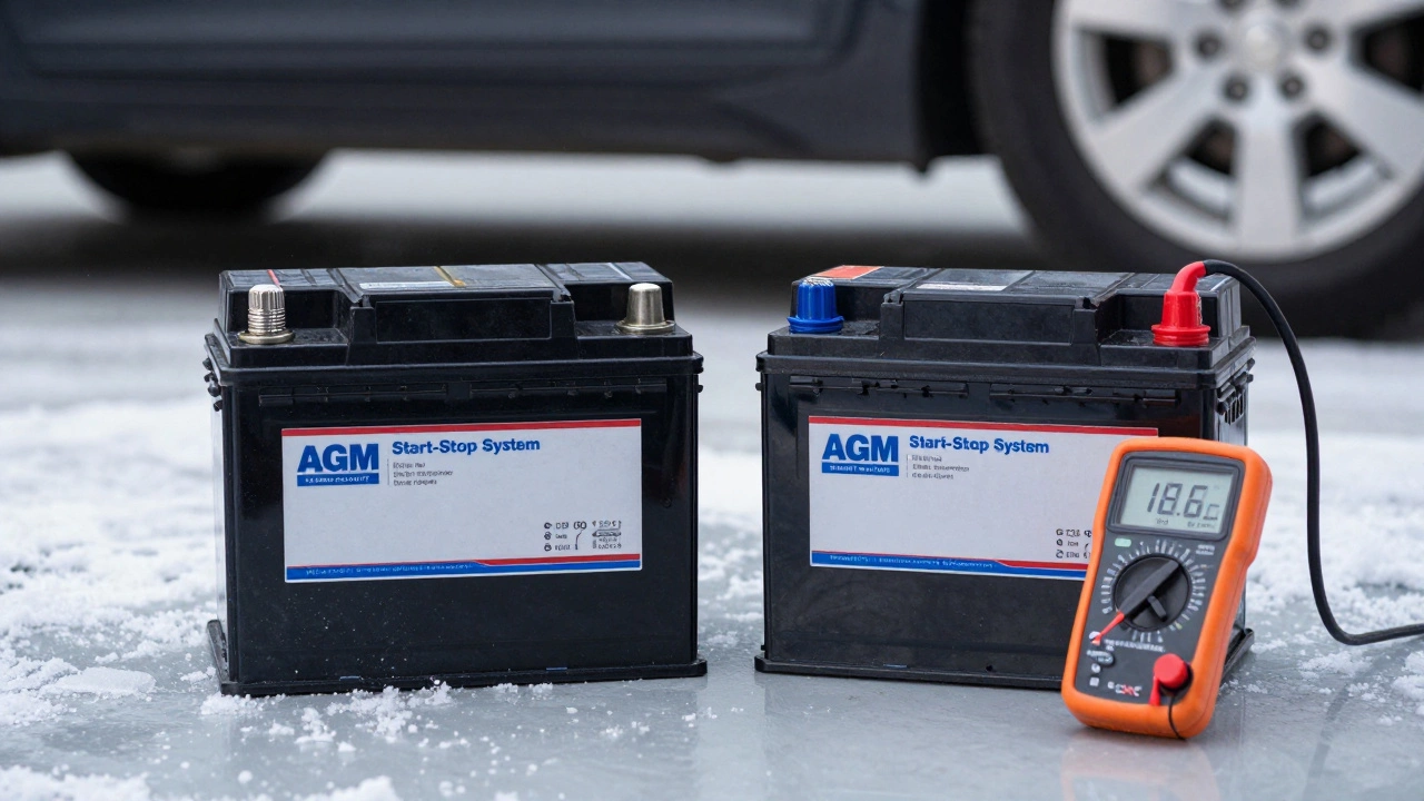 Сравнение двух аккумуляторов — обычного и AGM — на снегу, мультиметр показывает 12,6 В, зимний гараж на заднем плане.