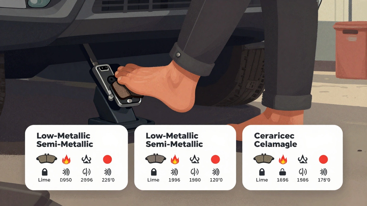Сравнение трёх типов тормозных колодок с указанием срока службы и характеристик.