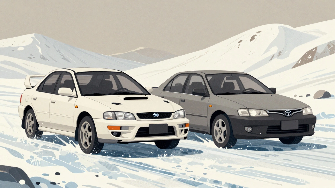 Subaru Impreza и Toyota Corolla едут по ледяной горной дороге в Уральских горах.