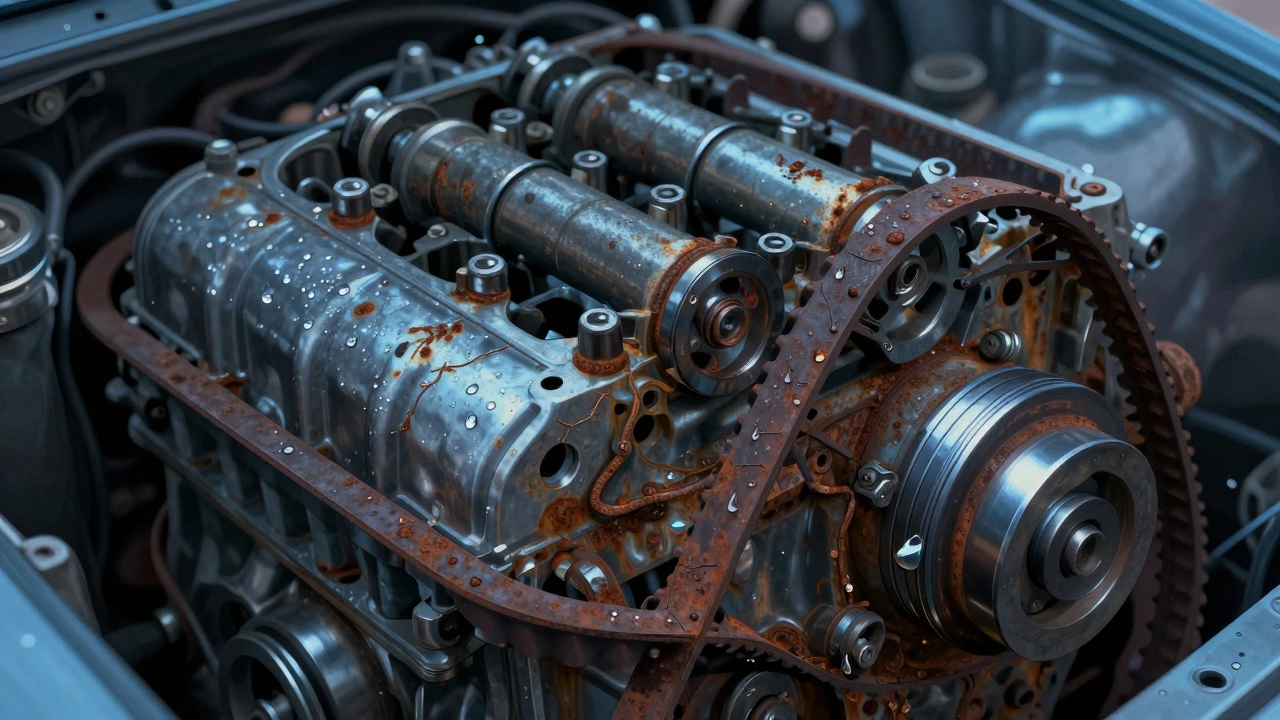 Внутренности двигателя с ржавыми цилиндрами, заклинившими клапанами и треснувшим ремнем ГРМ.