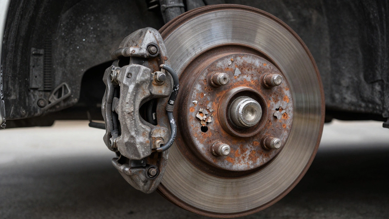 Заржавевший тормозной диск и сгнившие болты после нескольких лет простоя автомобиля.