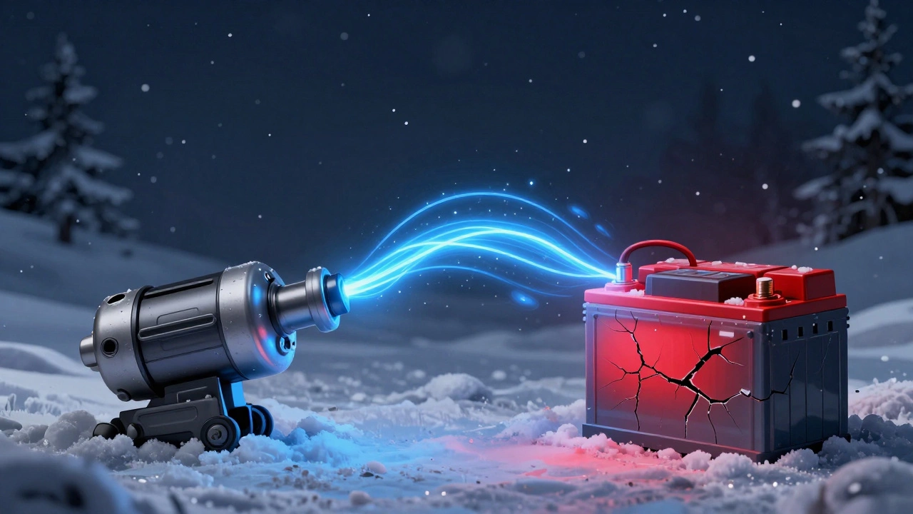 Зимний запуск двигателя: энергия от аккумулятора течет к стартеру, слабый аккумулятор темнеет, снег и мороз вокруг.