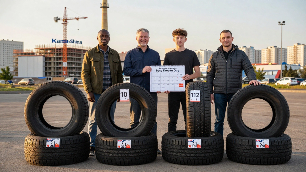Четыре водителя рассматривают разные шины с ценниками, на фоне строящегося завода Kama-Shina в Казани.