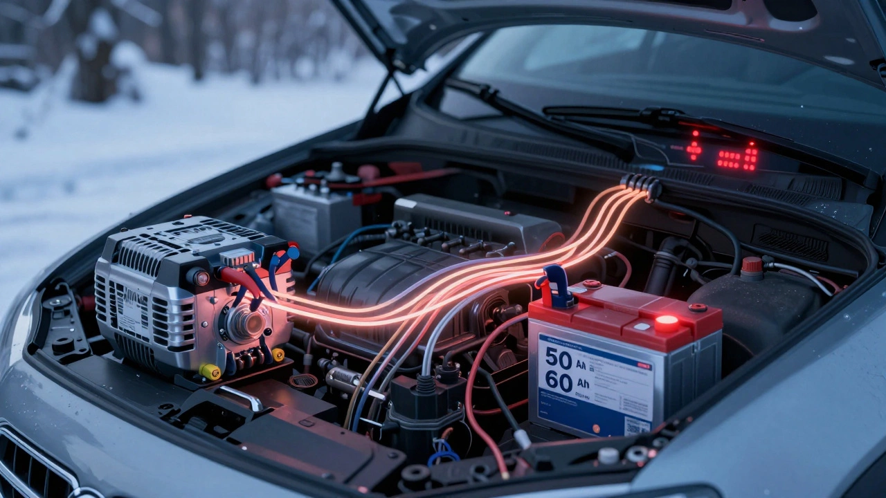 Электрическая система автомобиля с предупреждающими огнями, подключённая к аккумулятору 60 А·ч при низкой температуре.