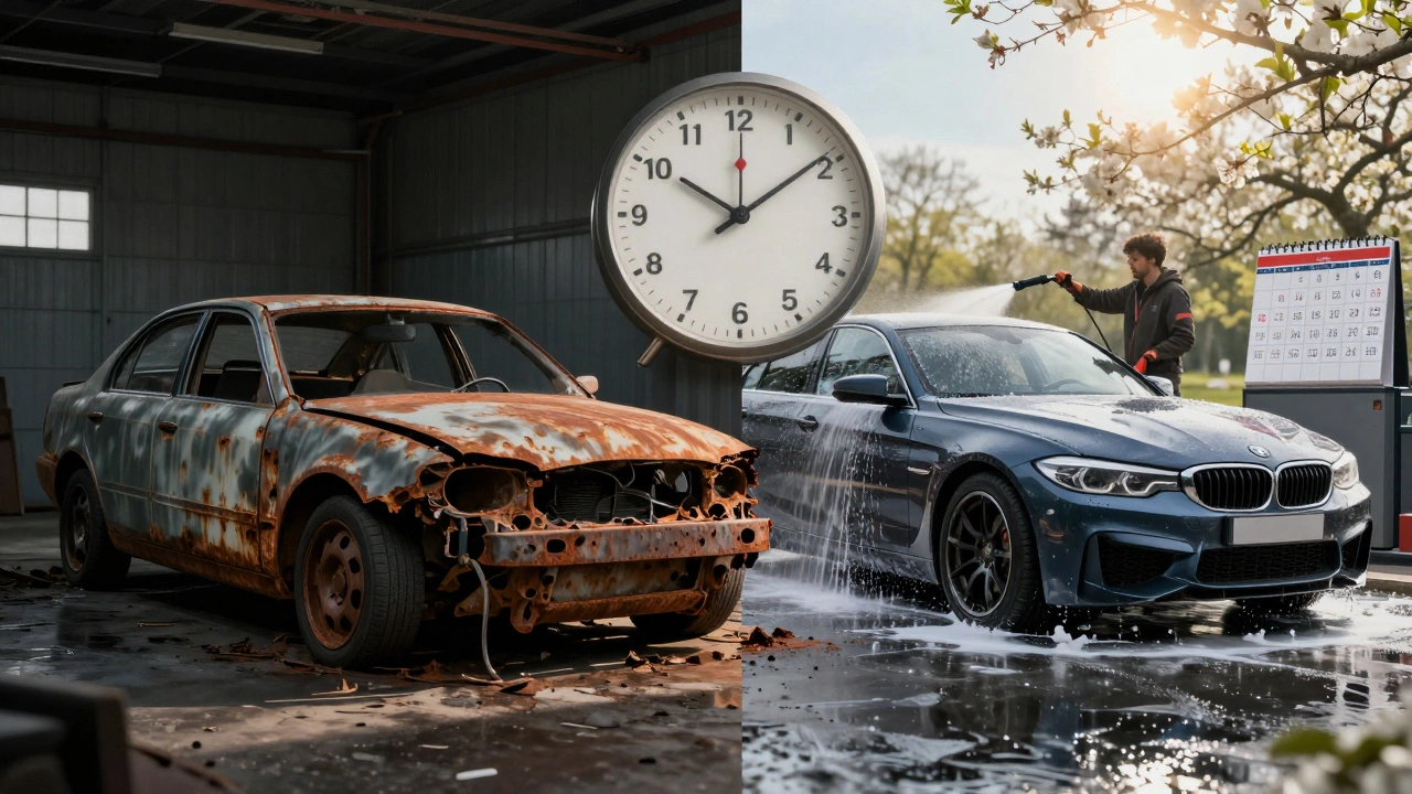 Контраст: ржавый автомобиль в гараже и чистый с высоким пробегом под солнцем с признаками защиты.