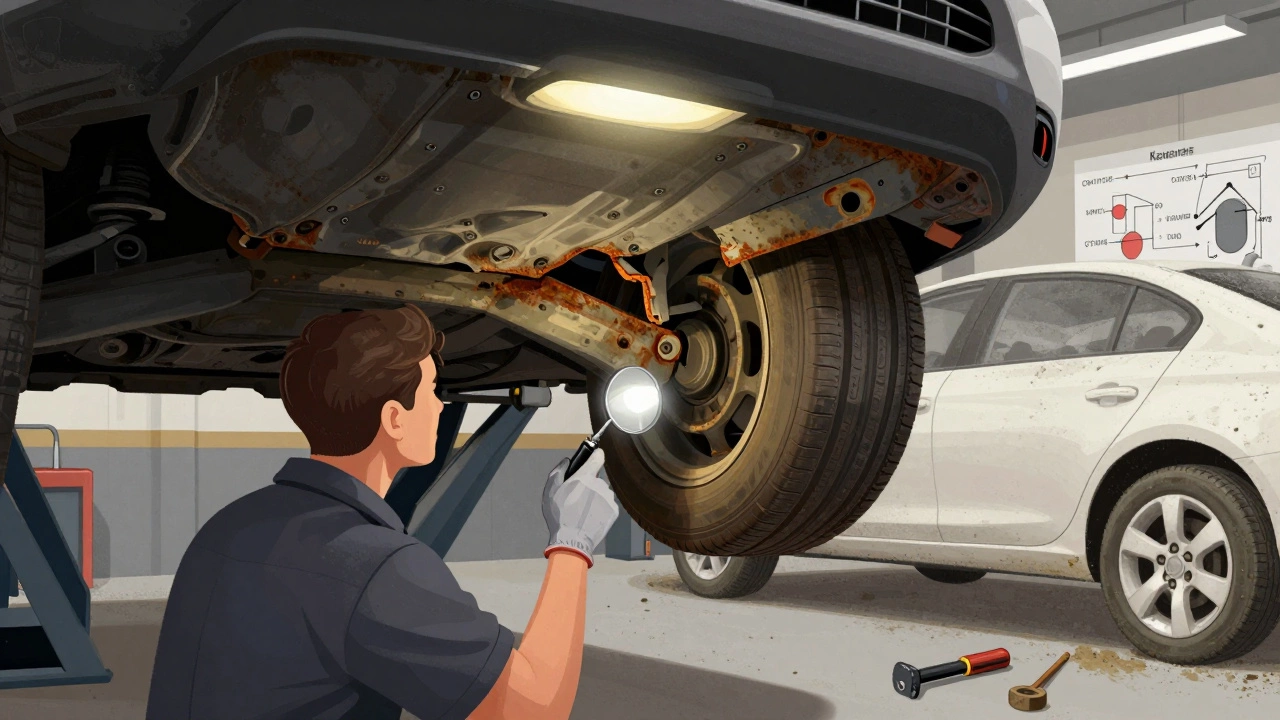 Механик осматривает днище автомобиля на подъёмнике, используя фонарик и зеркало для проверки ржавчины.