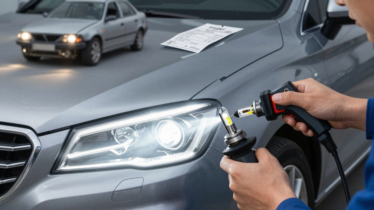 Механик регулирует светодиодные фары с сертифицированной маркировкой ECE R128.