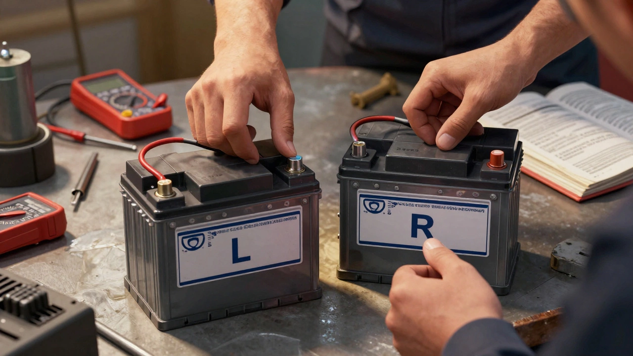 Механик сравнивает два аккумулятора — с маркировками L и R — на рабочем столе в гараже.