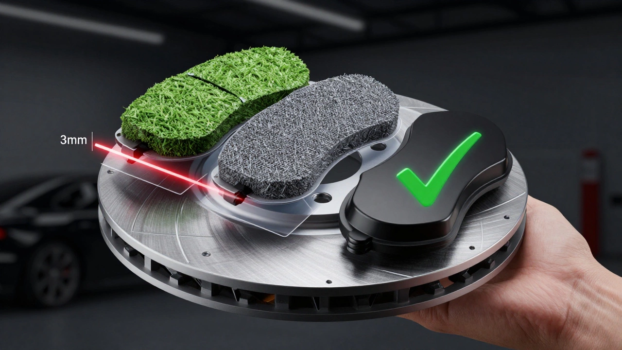 Прозрачные слои трёх типов тормозных колодок на тормозном диске, с акцентом на износ на 3 мм и сравнением характеристик.