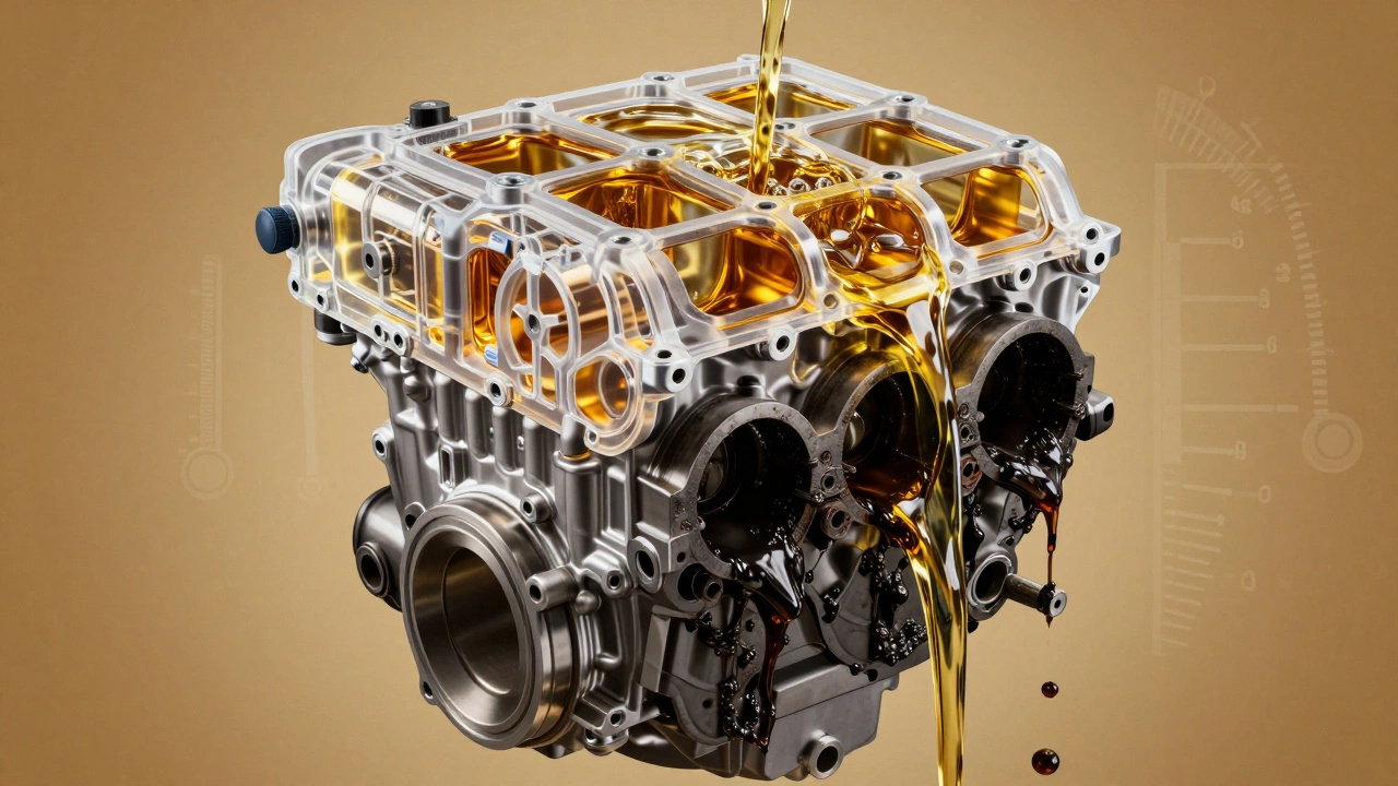 Прозрачный разрез двигателя: золотистое новое масло течет по деталям, темный нагар вымывается изнутри.
