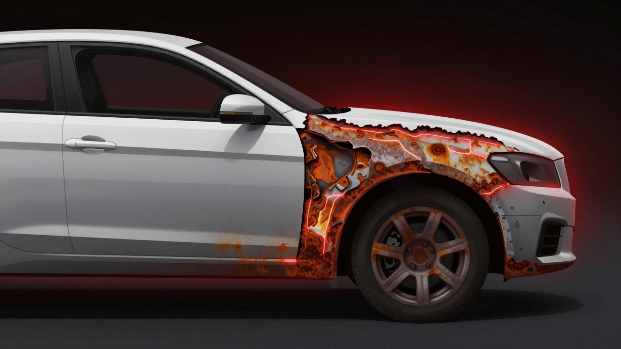 Разрез кузова автомобиля: слева — разрушающаяся ржавчина, справа — защищённый металл.