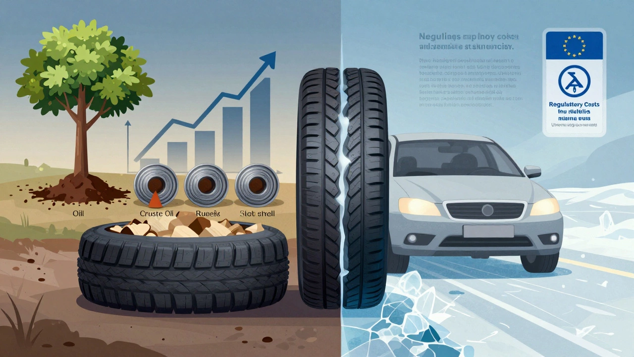 Разрезанная шина: одна половина — сырьё с ростом цен, другая — автомобиль на льду с европейской маркировкой.