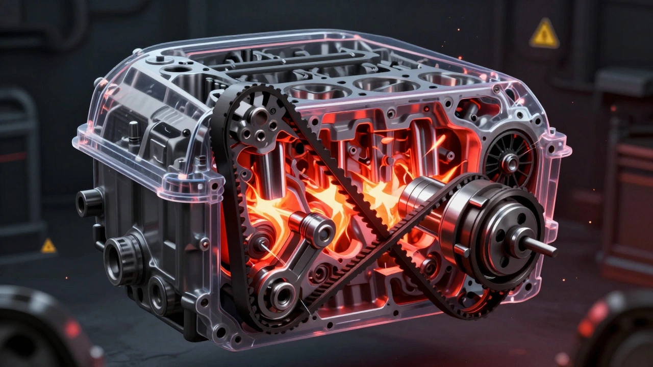 Разрушающийся ремень ГРМ внутри двигателя, вызывающий столкновение клапанов и поршней