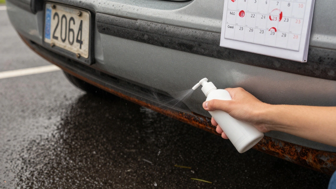 Рука обрабатывает порог автомобиля антикоррозийным составом, за окном дождь, на стене календарь с марками.