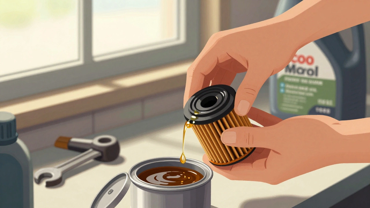Руки человека смазывают резиновое уплотнение нового масляного фильтра, рядом — бутылка моторного масла и тряпки.