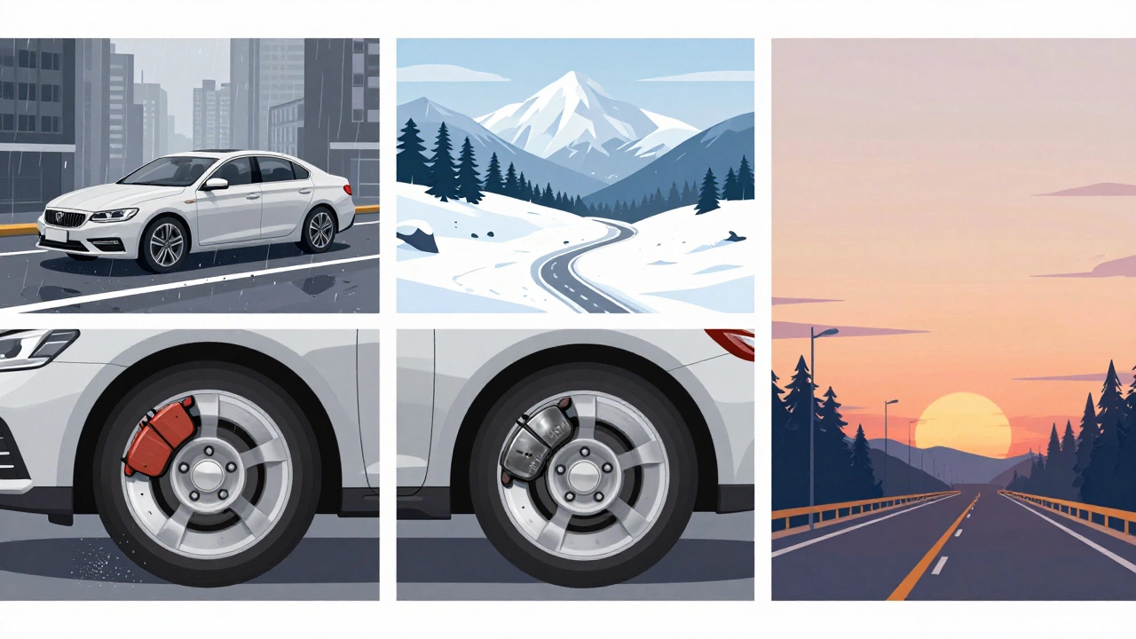 Седан в трёх средах: город, горы и шоссе — с визуализацией соответствующих типов тормозных колодок.