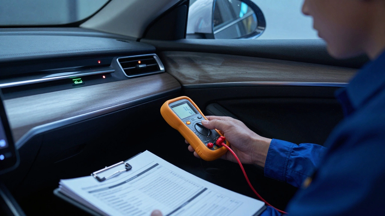 Внутренность салона автомобиля с мигающей лампой заряда и техником, проверяющим аккумулятор мультиметром.