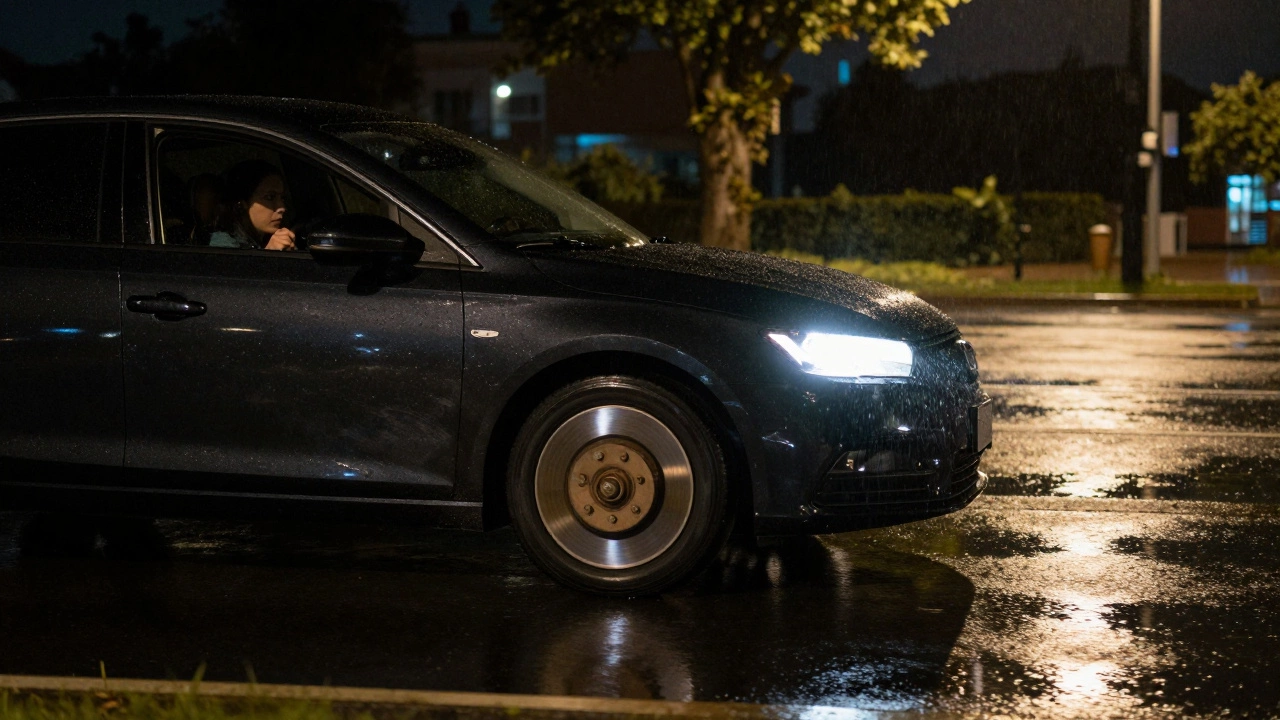 Автомобиль тормозит на мокрой дороге ночью, тормозные диски светятся, минимум пыли и шума.