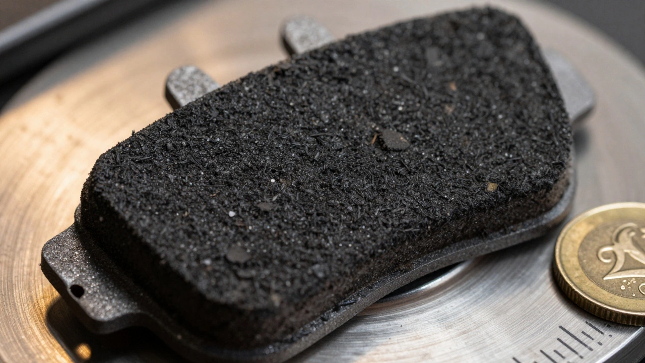 Детальный вид поверхности изношенной тормозной колодки.