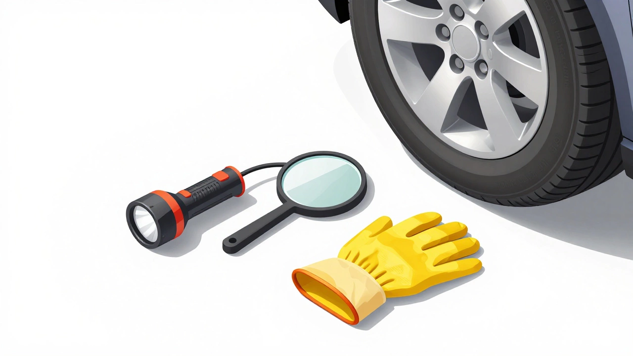 Фонарь, зеркало и перчатки для осмотра тормозов у машины.