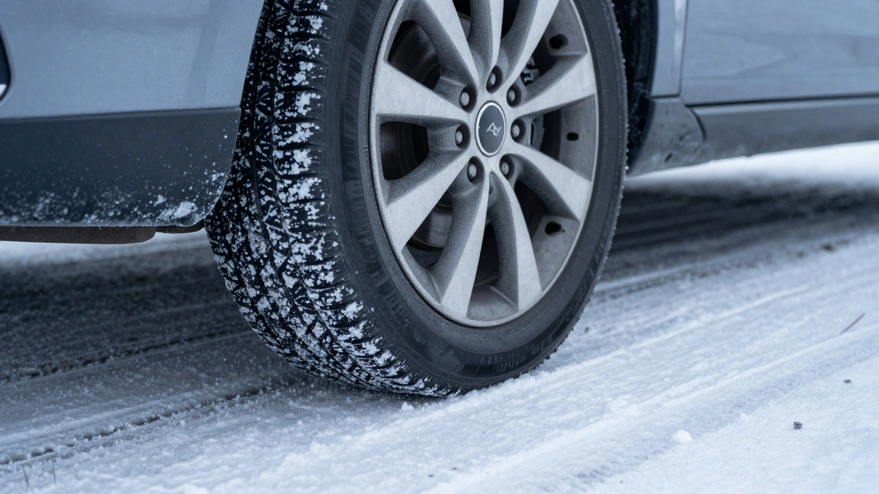 Колесо на зимней дороге с реагентами, влияющими на износ тормозов.