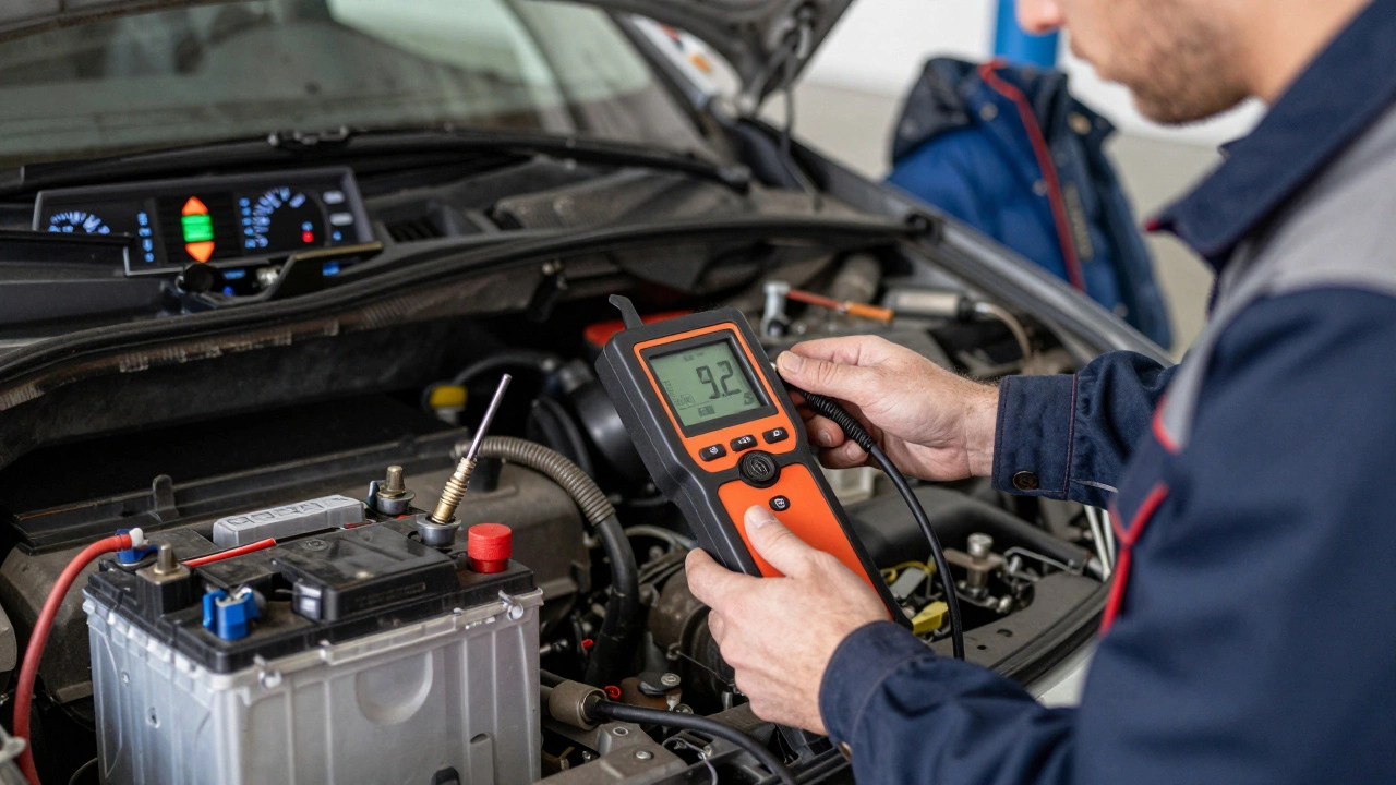 Механик проверяет аккумулятор нагрузочной вилкой, на приборной панели горит предупреждение.