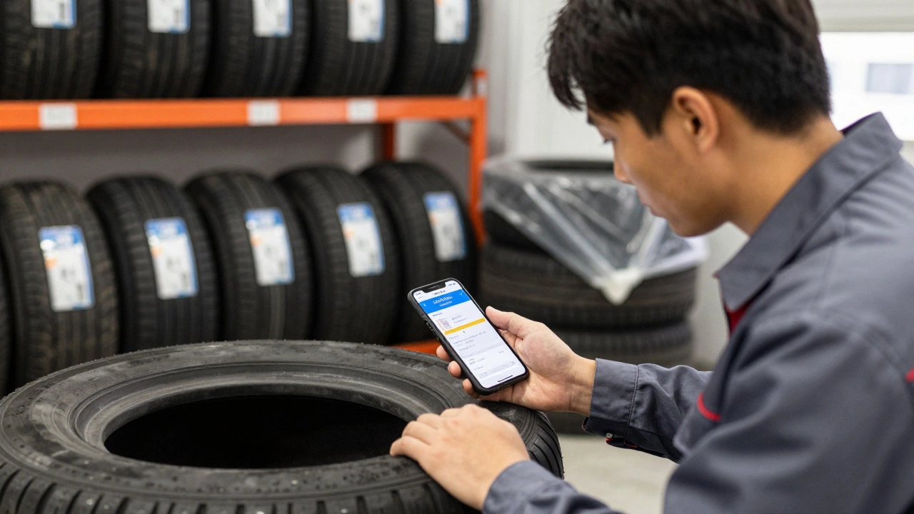 Механик проверяет сертификацию шины с помощью приложения на телефоне