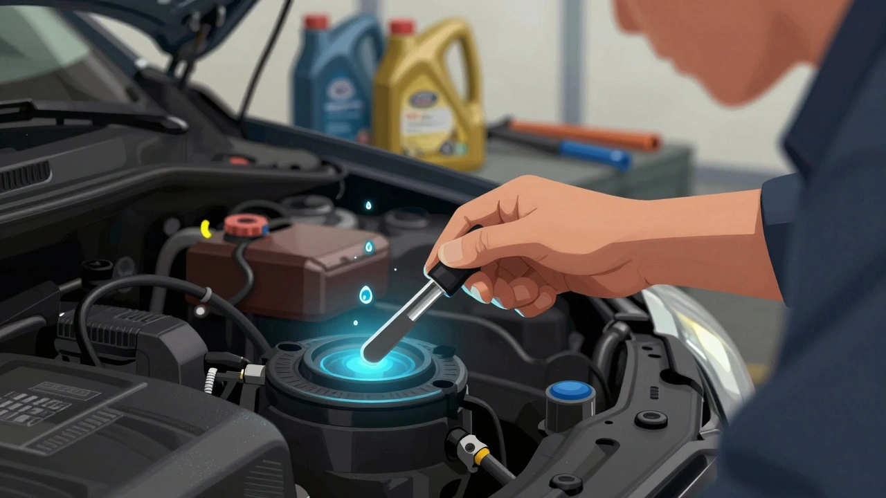 Механик проверяет уровень масла щупом после замены, на фоне приборной панели с мягким свечением.