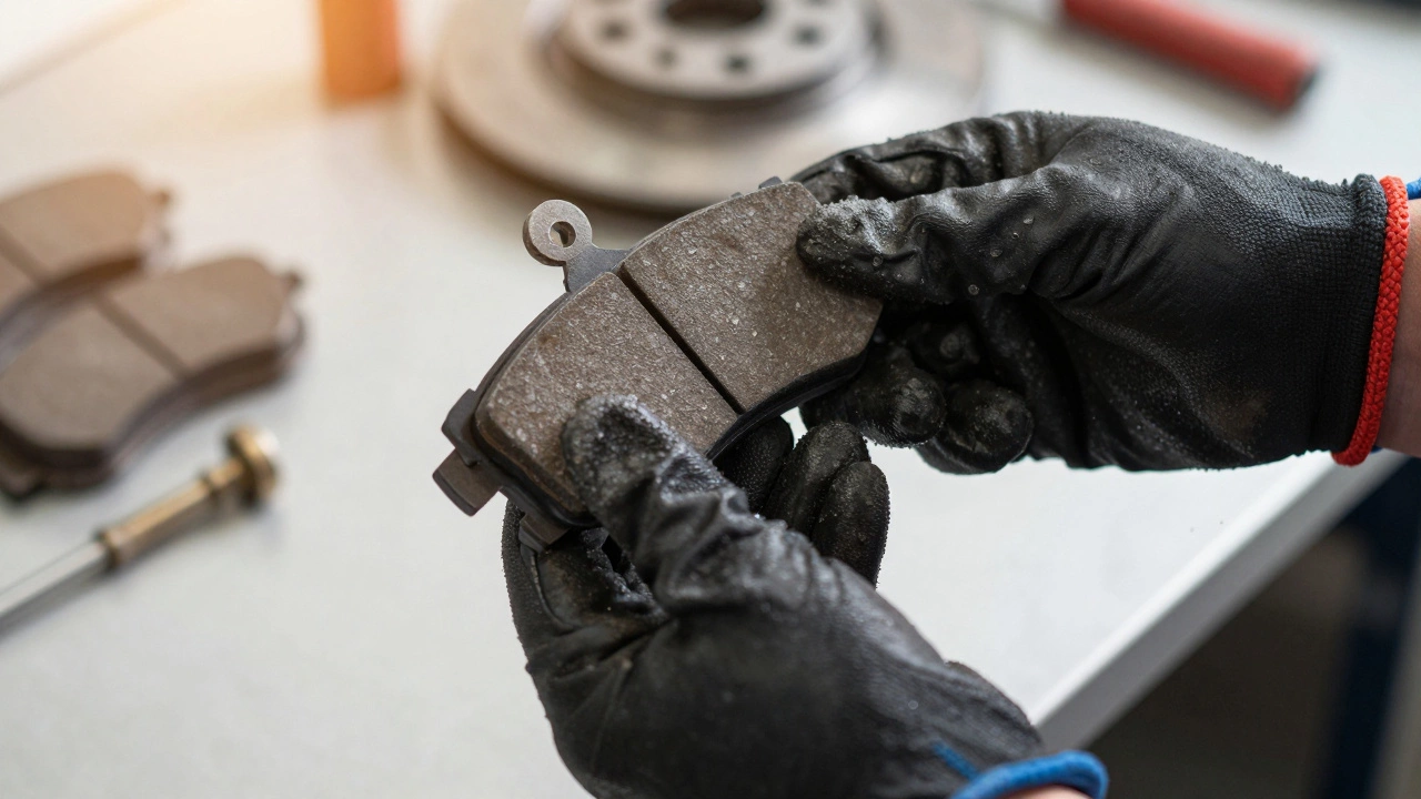 Механик сравнивает новые и старые тормозные колодки в сервисе.