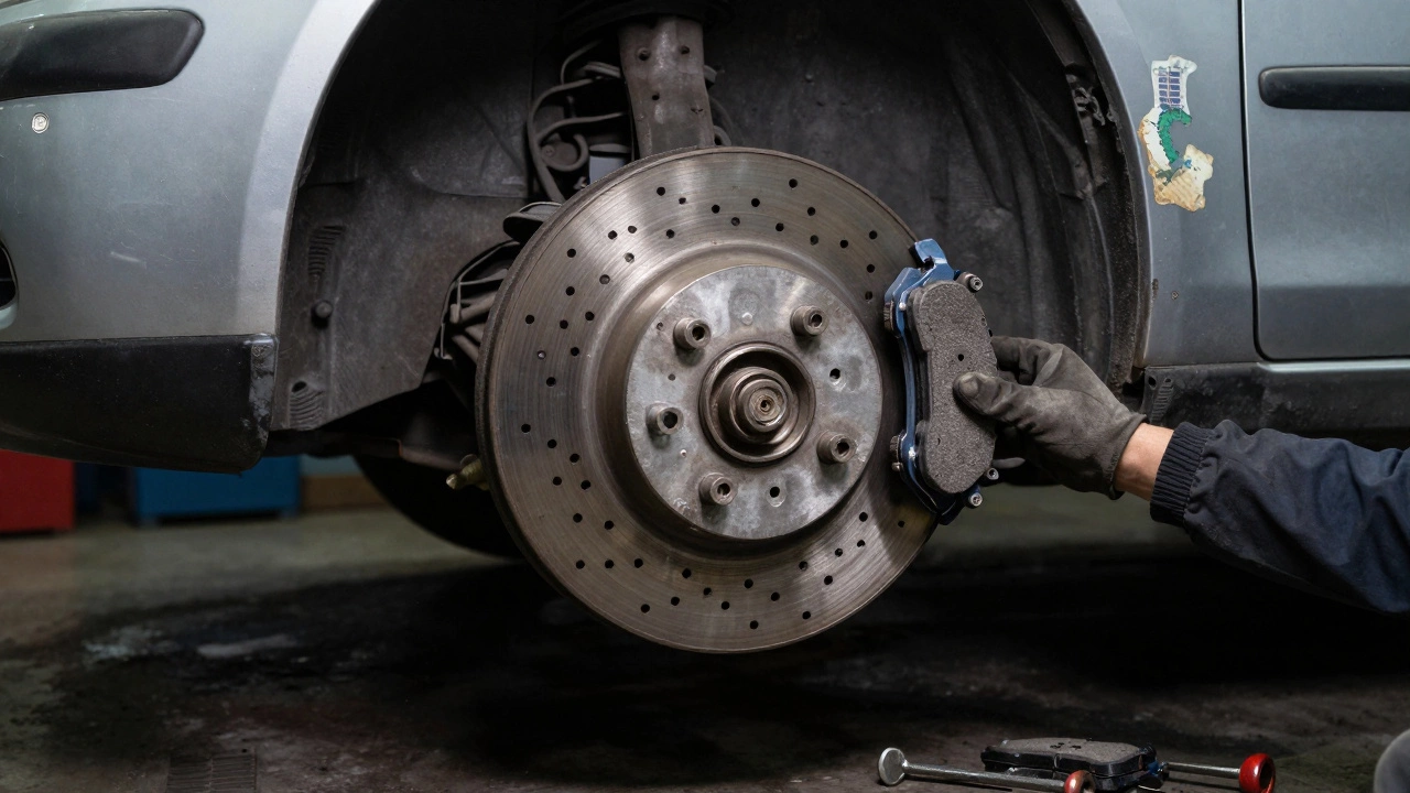 Механик устанавливает перфорированные тормозные диски и колодки на переднюю ось автомобиля.