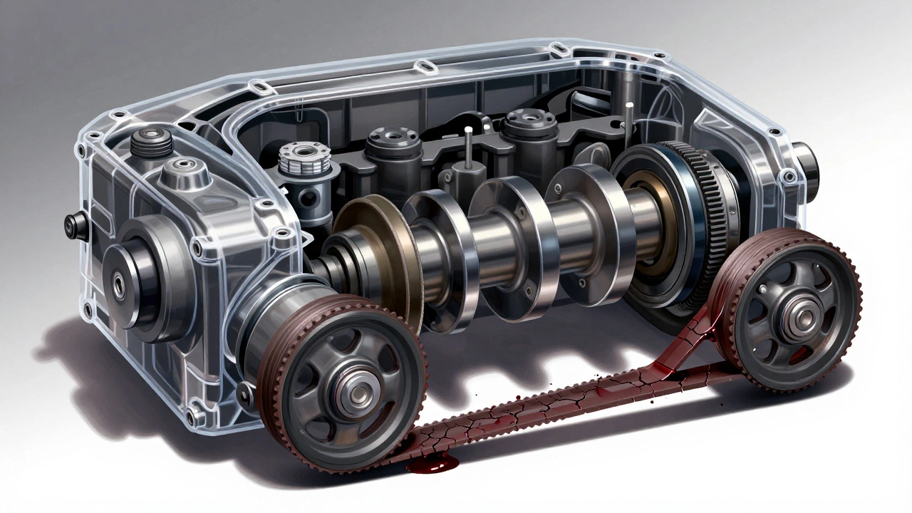 Прозрачный двигатель с изношенным ремнем ГРМ и утечкой антифриза, символизирующий риск поломки.