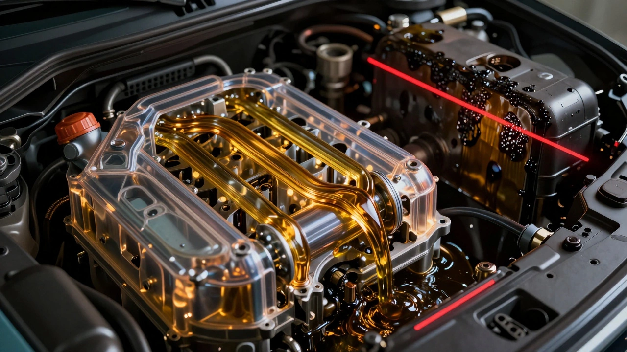 Прозрачный двигатель с потоками масла: чистое масло циркулирует, старое — застаивается, визуальное сравнение.