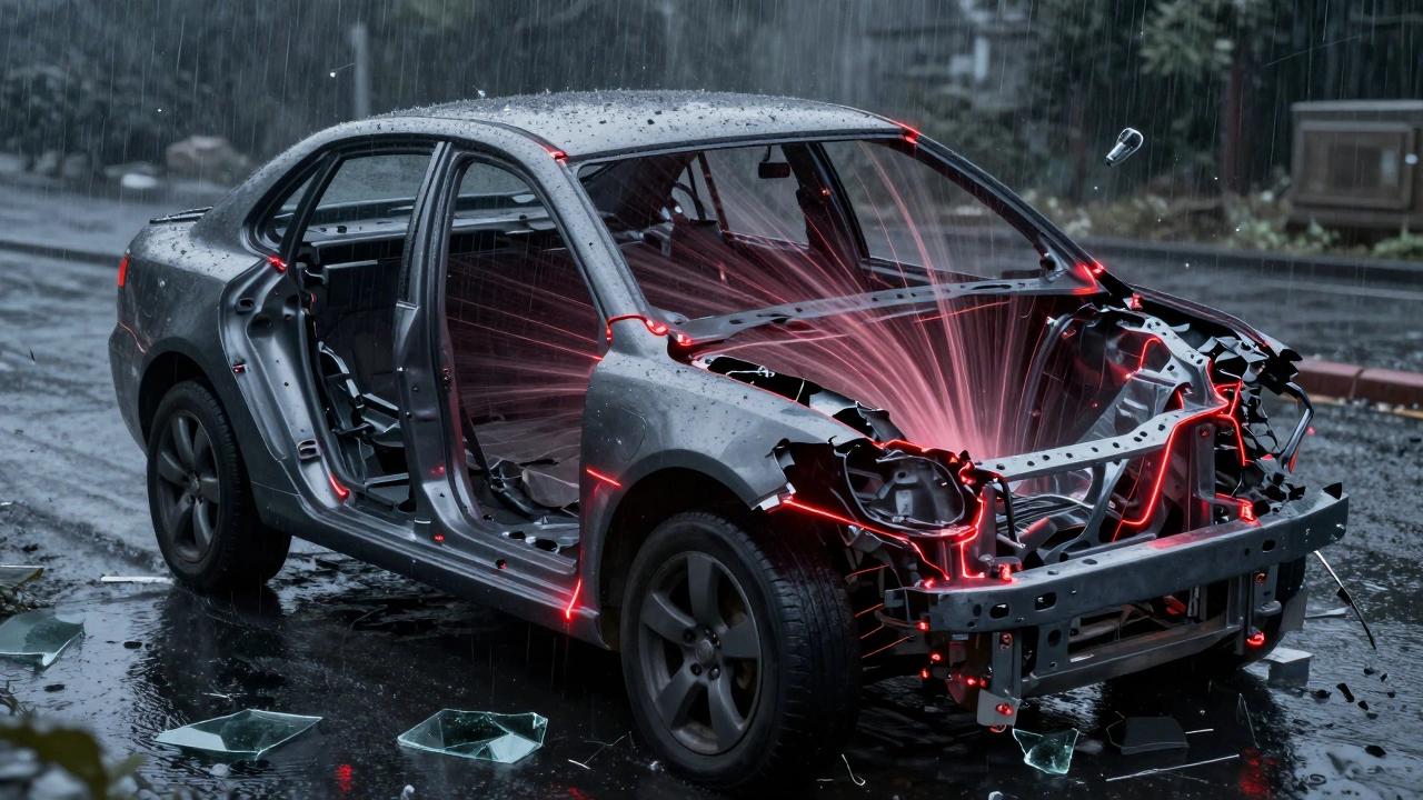 Разрушенная структура кузова при ударе, энергия удара проникает в салон, на фоне разбитой дороги.