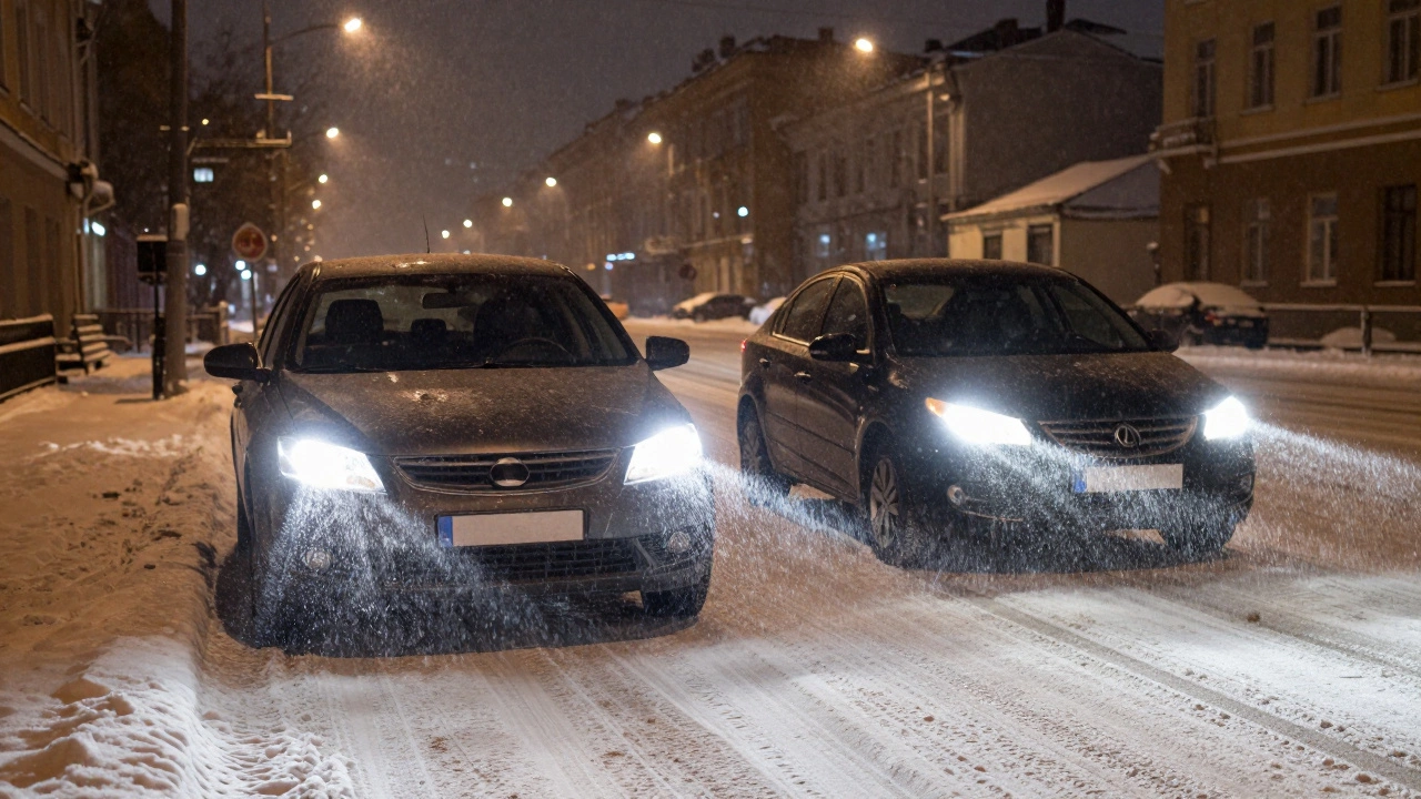 Снегопад в российском городе: правильные светодиодные фары освещают дорогу, а неправильно установленные создают ослепляющий свет для встречного автомобиля.